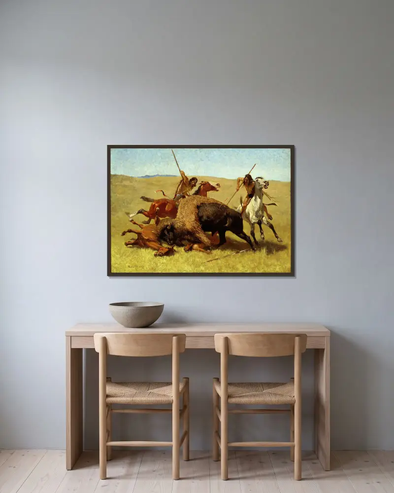 Die Büffeljagd von Frederic Remington gerahmt an einer Wand