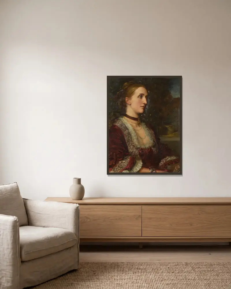 Porträtt av Mrs Agnes Jane Moore av George Frederic Watts inramad på en vägg
