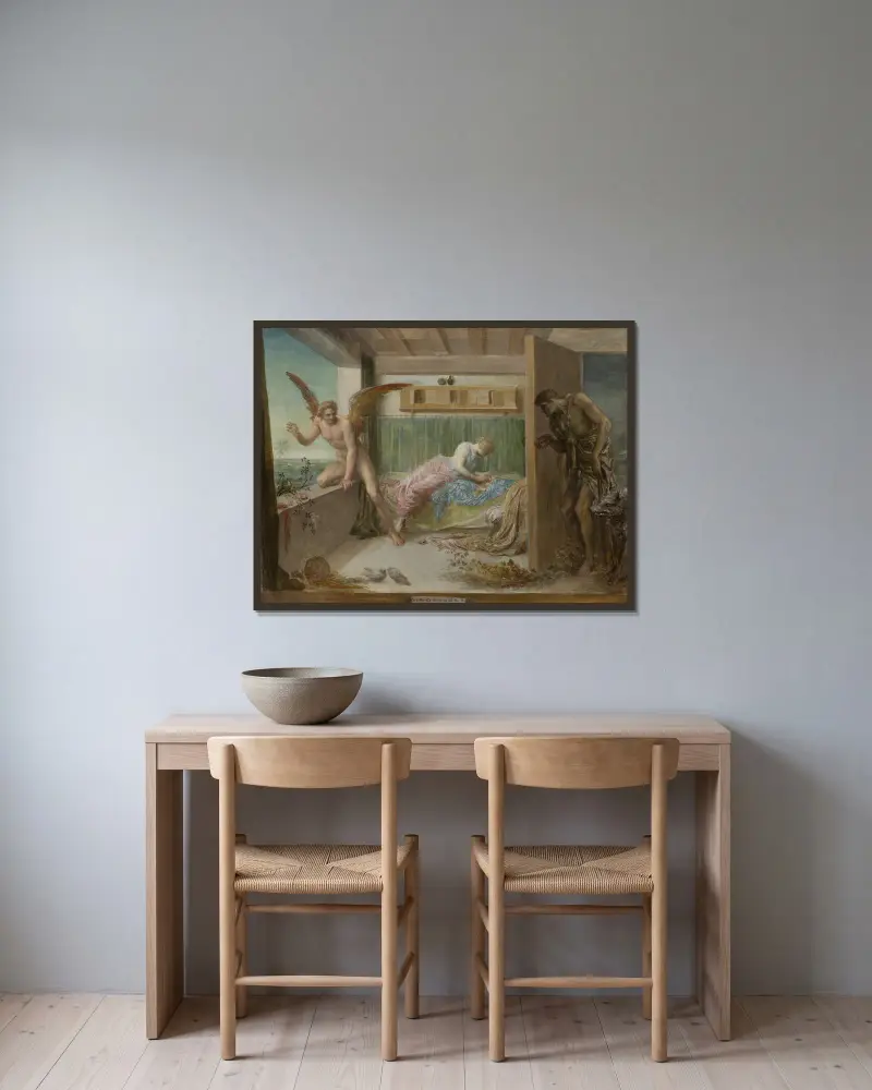 När fattigdomen kommer in genom dörren, flyger kärleken ut genom fönstret av George Frederic Watts inramad på en vägg