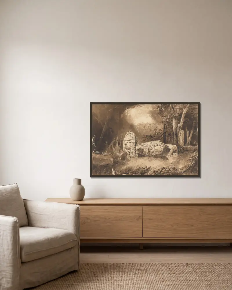 Maya-stela i Copán, Honduras av Frederick Catherwood inramad på en vägg