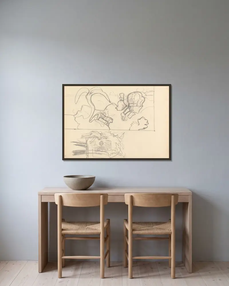 Gyllene kalvens grotta; trädhus, design för paneler med djur av Spencer Frederick Gore inramad på en vägg