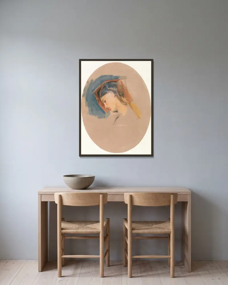 Huvud av en ung kvinna av John Frederick Lewis inramad på en vägg