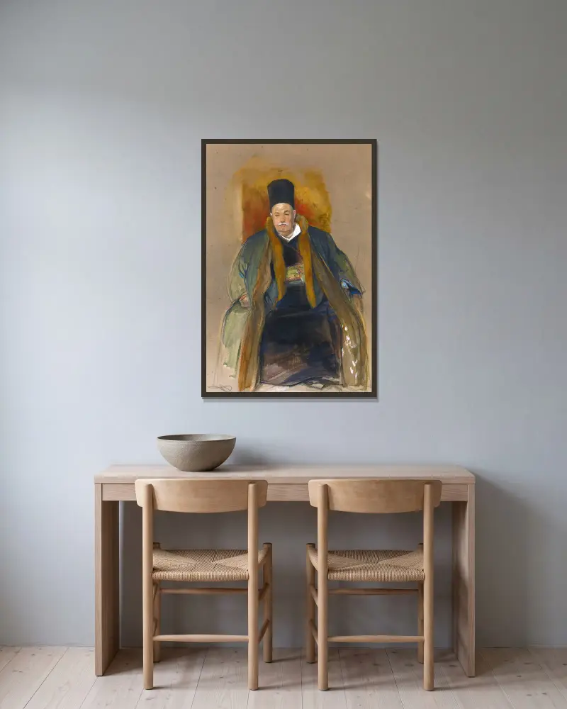 Porträt eines wohlhabenden Kaufmanns aus Terapia von John Frederick Lewis gerahmt an einer Wand