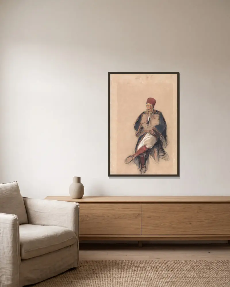 Sitzender Türke von John Frederick Lewis gerahmt an einer Wand
