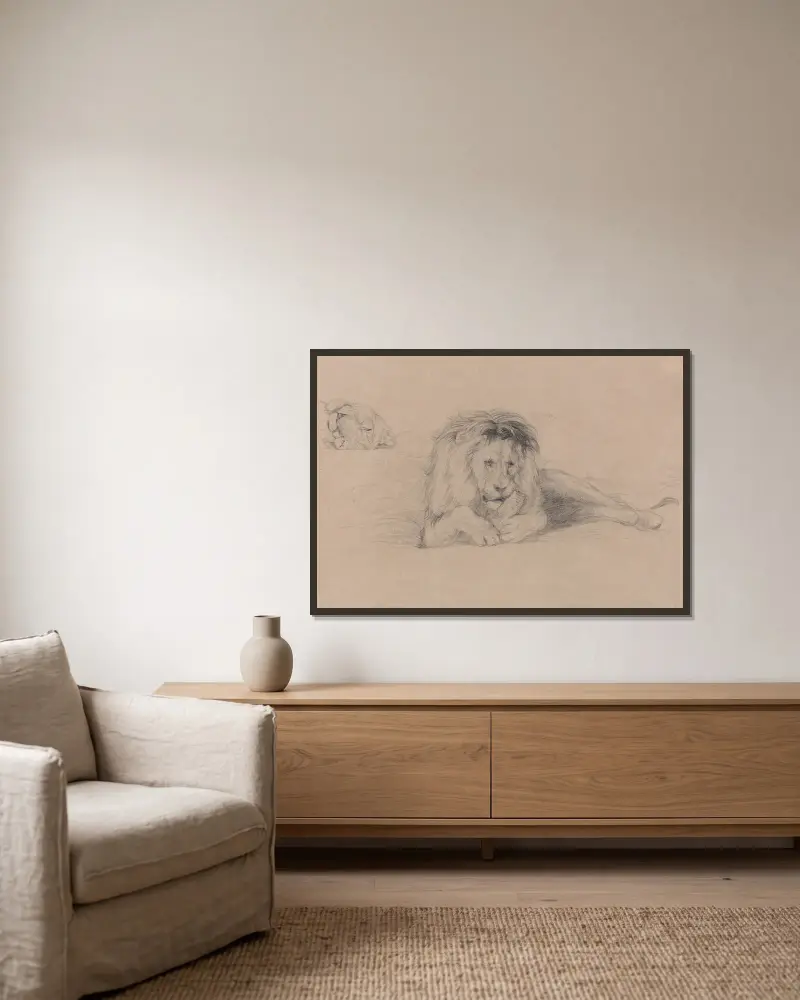 Studie av ett lejon och studie av ett lejoninnas huvud av John Frederick Lewis inramad på en vägg