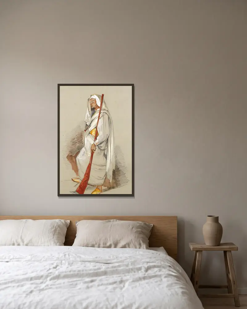 Studie av en man i nordafrikansk dräkt av John Frederick Lewis inramad på en vägg