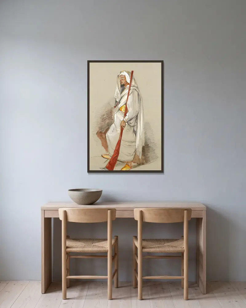 Studie av en man i nordafrikansk dräkt av John Frederick Lewis inramad på en vägg