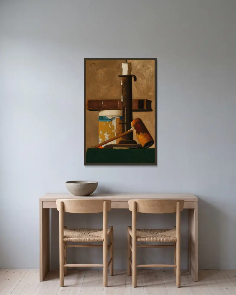 Kerzenständer, Becher, Pfeife und Buch von John Frederick Peto gerahmt an einer Wand