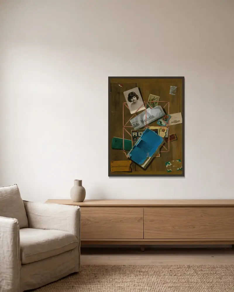 Alte Erinnerungsstücke von John Frederick Peto gerahmt an einer Wand