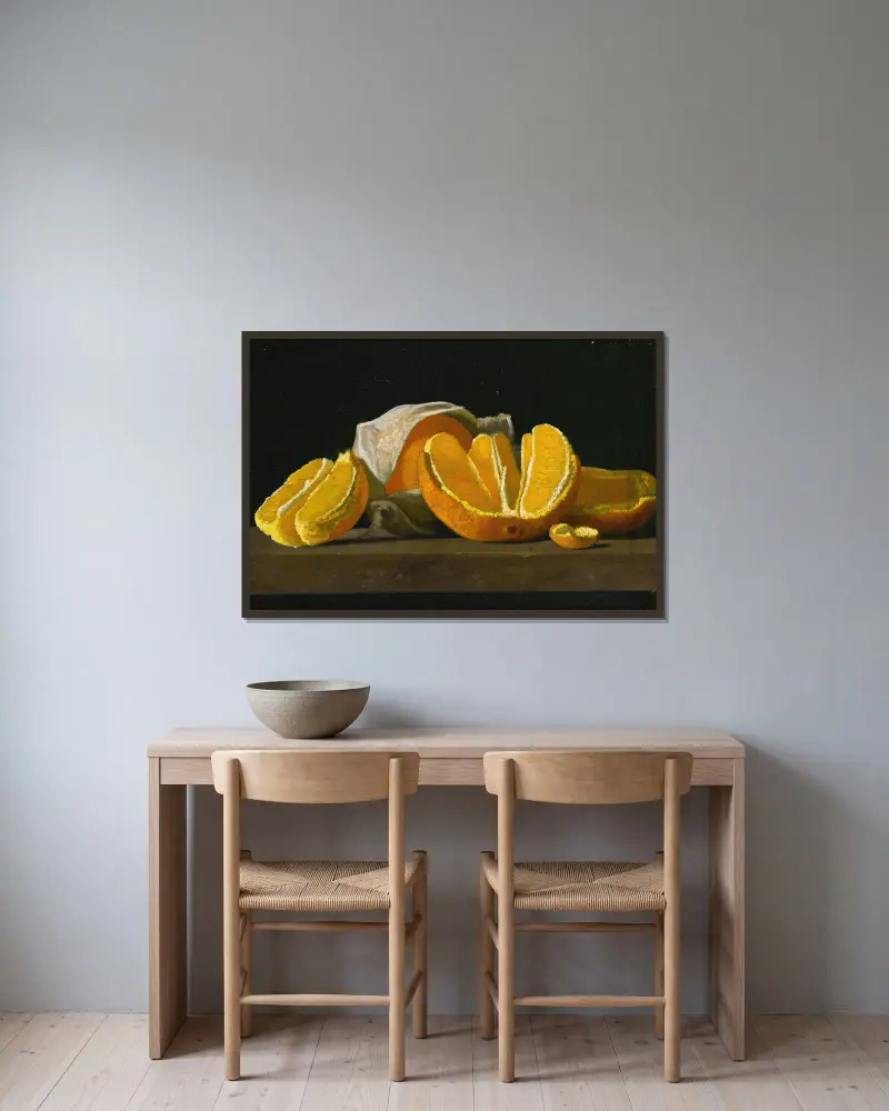 Stilleben – Orangen von John Frederick Peto gerahmt an einer Wand
