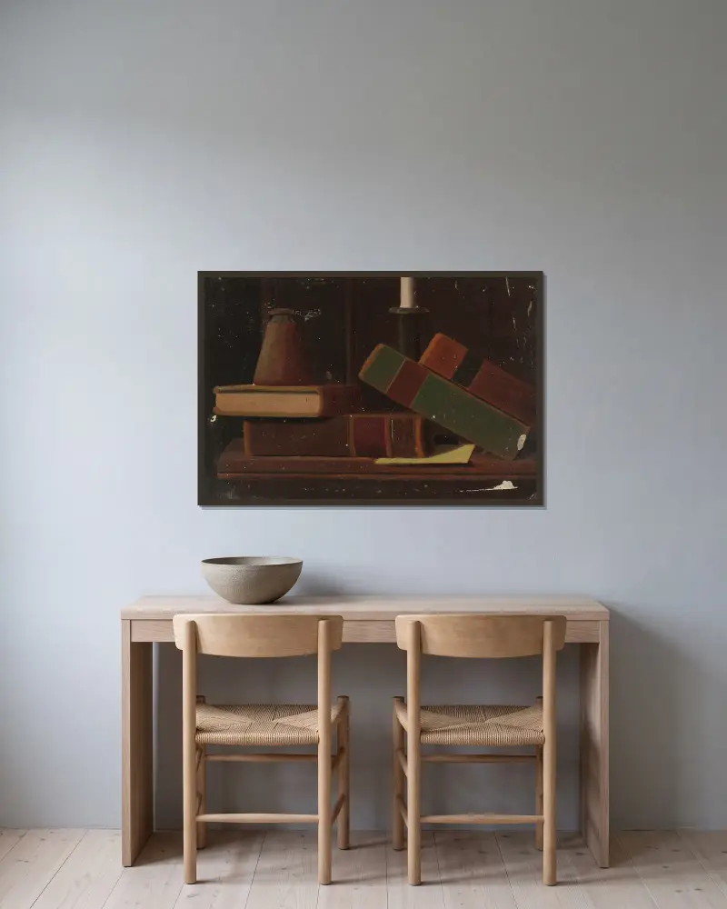 Still Life With Books av John Frederick Peto inramad på en vägg