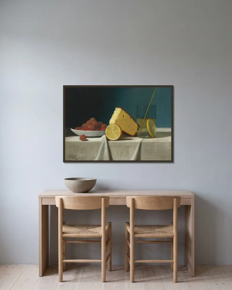 Stillleben mit Kuchen, Zitrone, Erdbeeren und Glas von John Frederick Peto gerahmt an einer Wand