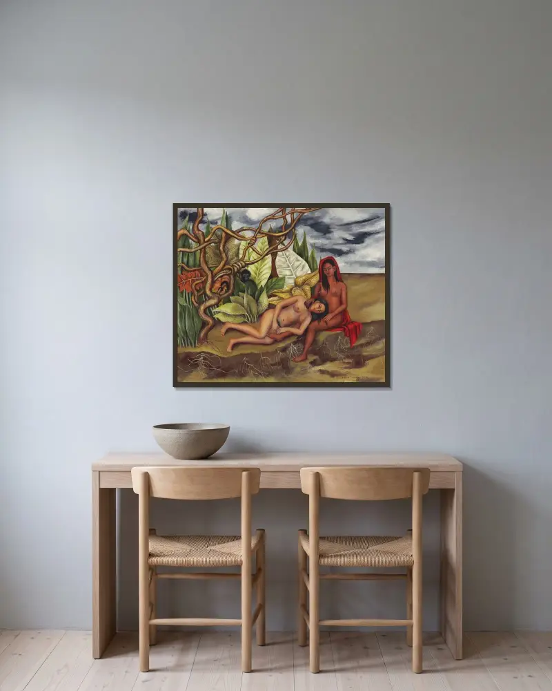 Dos desnudos en el bosque (La tierra misma), Frida Kahlo v rámu na stěně