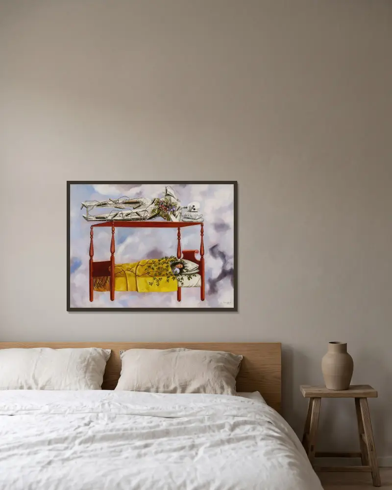 El sueño (La cama) von Frida Kahlo gerahmt an einer Wand