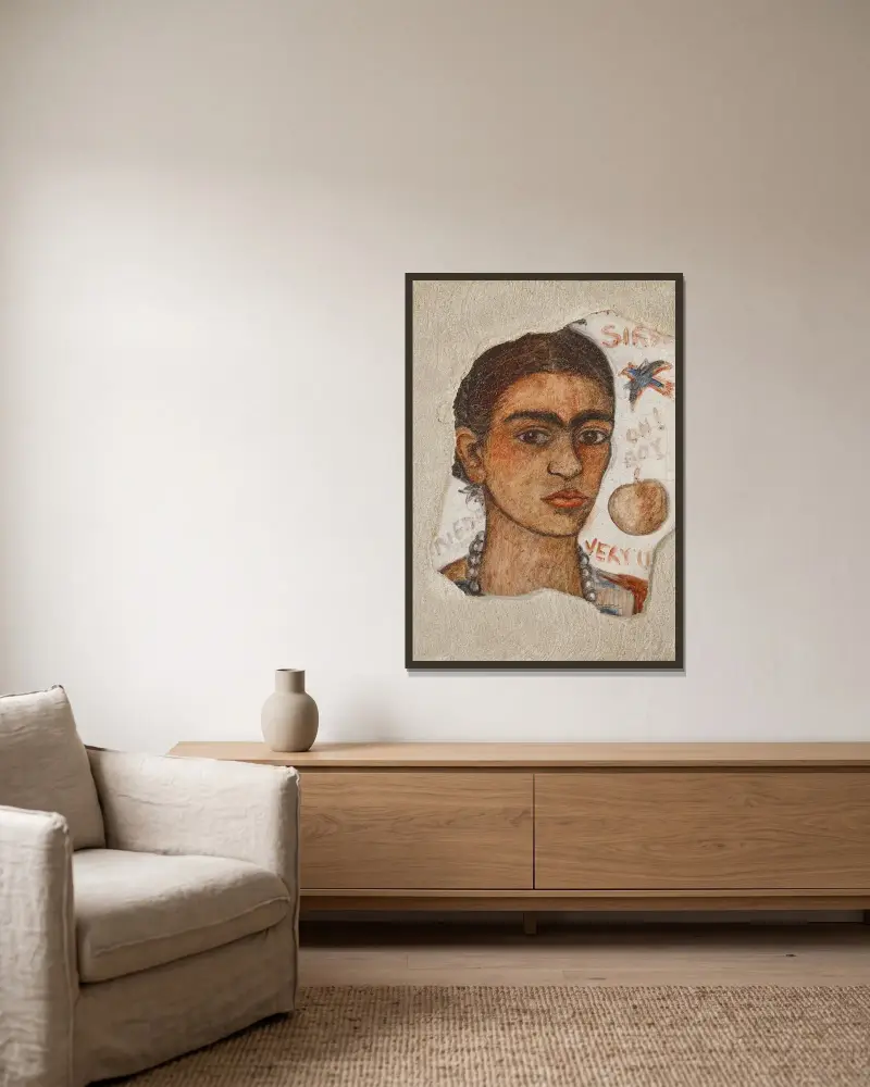Self-Portrait (Very Ugly) von Frida Kahlo gerahmt an einer Wand