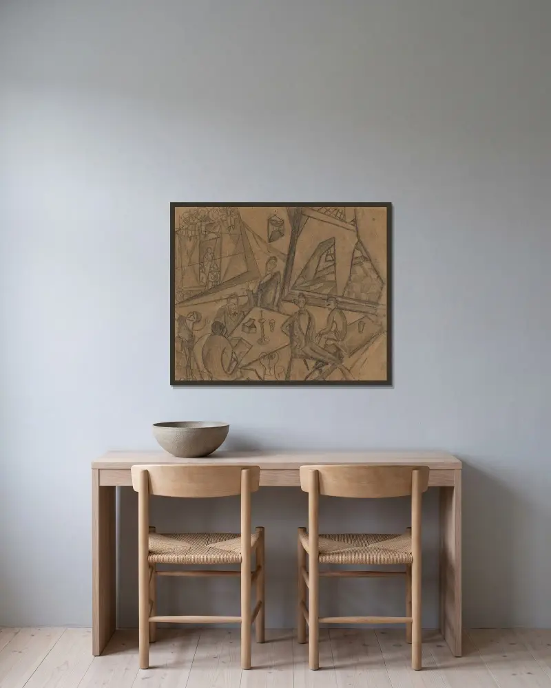 Skizze für Pancho Villa und Adelita von Frida Kahlo gerahmt an einer Wand