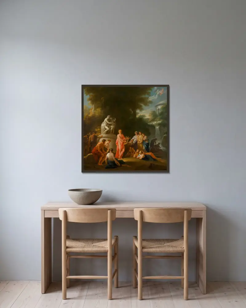 Apollo spelar på lyran i herdarnas krets (utkast till ridån för det gamla Burgtheater) av Heinrich Friedrich Füger inramad på en vägg