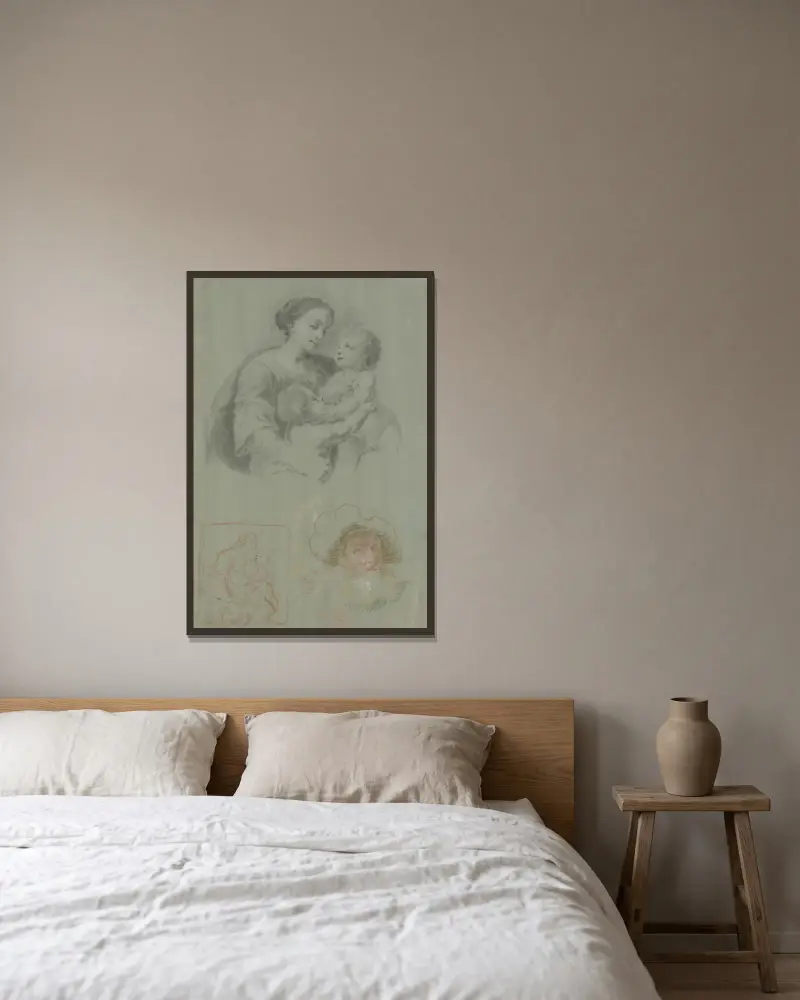 Studieblad med en madonna med barnet och Johannespojken, samt en skäggig man med mössa av Heinrich Friedrich Füger inramad på en vägg