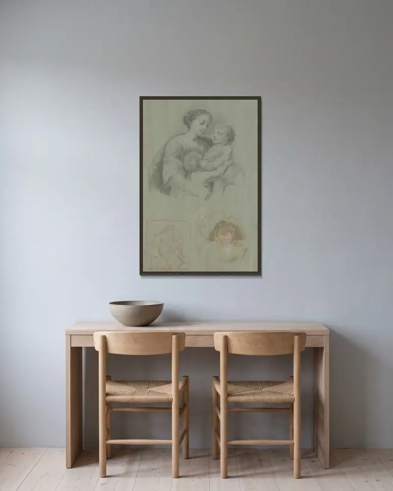 Studieblad med en madonna med barnet och Johannespojken, samt en skäggig man med mössa av Heinrich Friedrich Füger inramad på en vägg