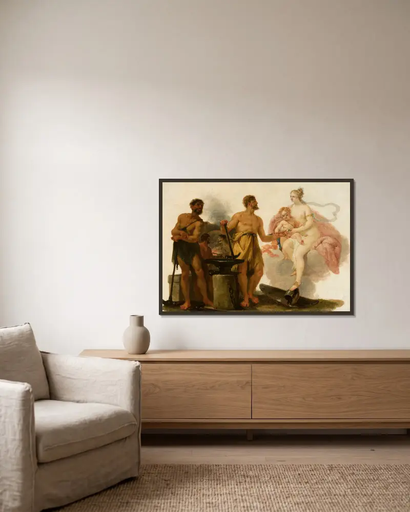 Venus in der Schmiede des Vulkan von Heinrich Friedrich Füger gerahmt an einer Wand