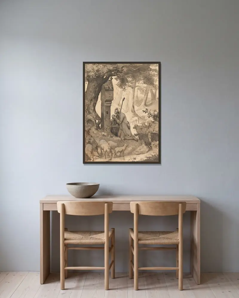 Betender Hirte av Karl Friedrich Lessing inramad på en vägg