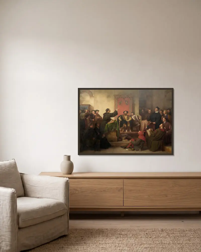 Disputation zwischen Luther und Eck av Karl Friedrich Lessing inramad på en vägg