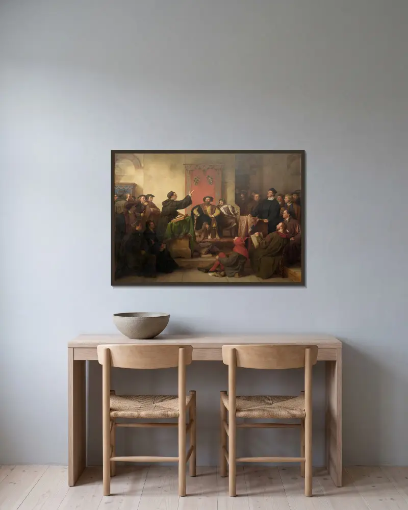 Disputation zwischen Luther und Eck av Karl Friedrich Lessing inramad på en vägg
