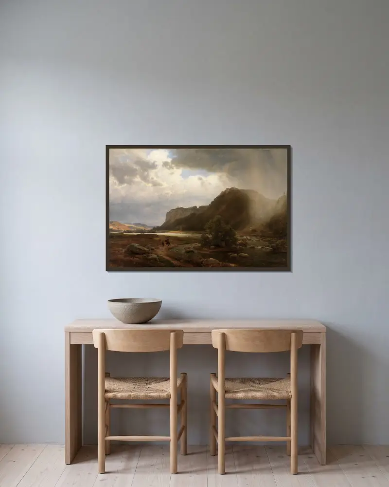 Flußlandschaft av Karl Friedrich Lessing inramad på en vägg