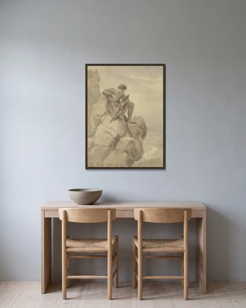 Jäger (Räuber) in den Bergen av Karl Friedrich Lessing inramad på en vägg