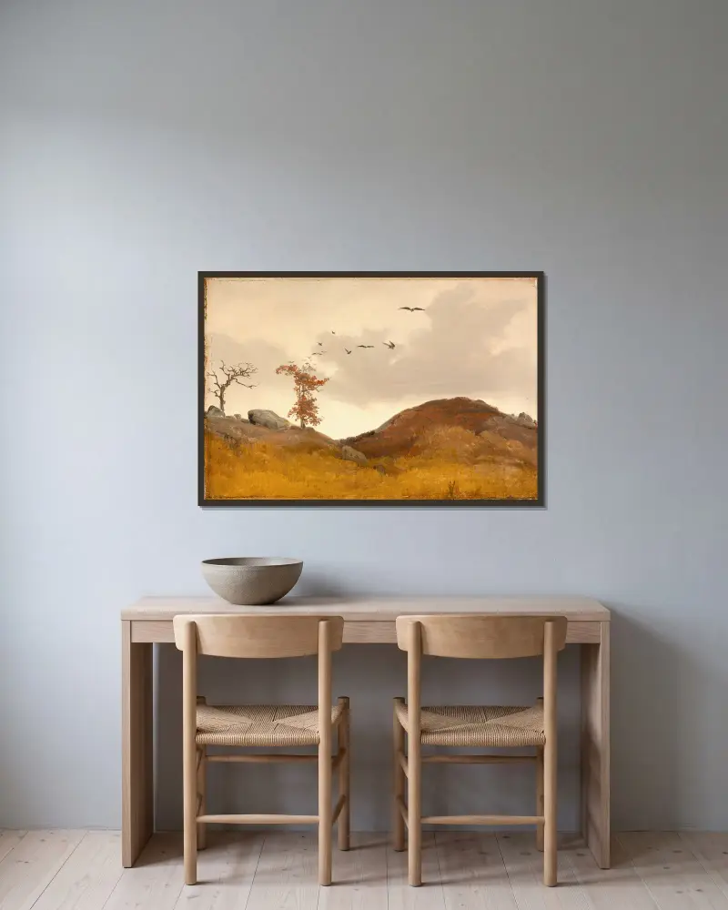 Landscape with Crows av Karl Friedrich Lessing inramad på en vägg