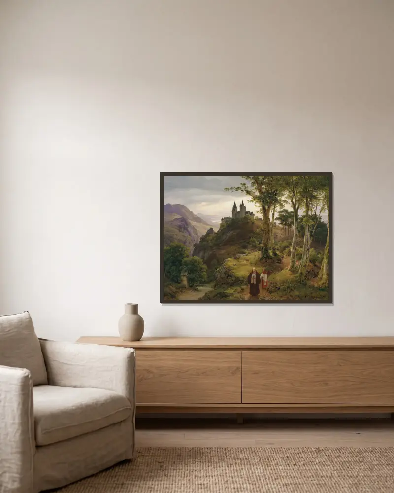 Romantische Landschaft mit Klosteranlage av Karl Friedrich Lessing inramad på en vägg