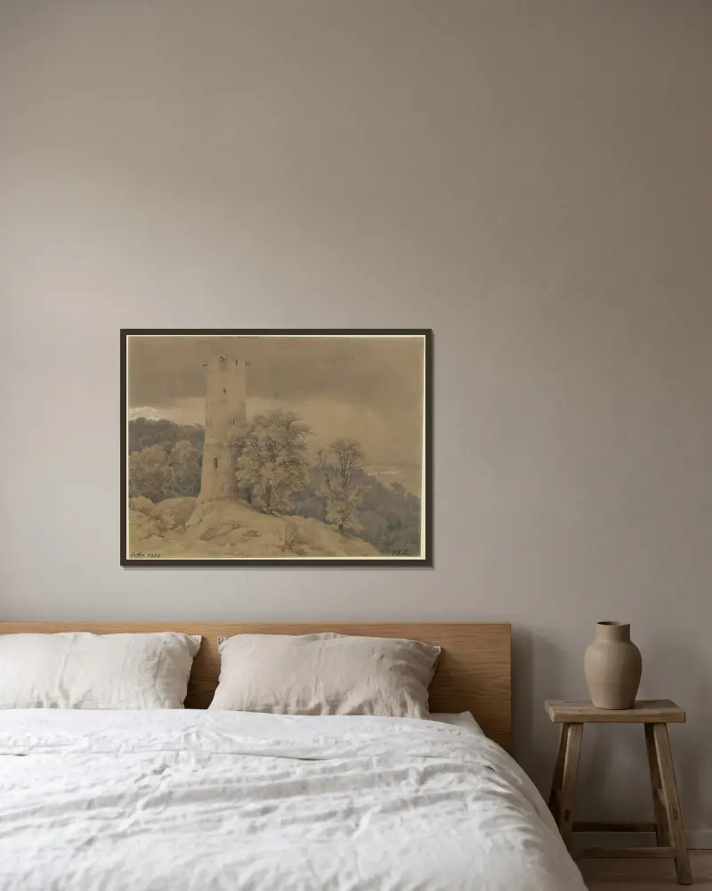 Waldlandschaft mit Wartturm av Karl Friedrich Lessing inramad på en vägg