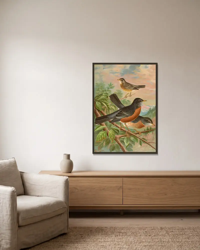 Turdus migratorius von Johann Friedrich Naumann gerahmt an einer Wand