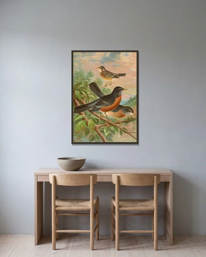 Turdus migratorius von Johann Friedrich Naumann gerahmt an einer Wand