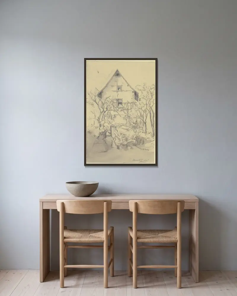 Haus zwischen Bäumen, im Fenster liegt Bettzeug von Jakob Fürchtegott Dielmann gerahmt an einer Wand
