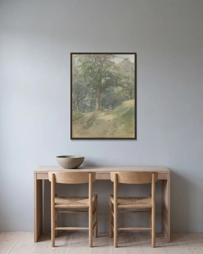 Sunny forest path av Jakob Fürchtegott Dielmann inramad på en vägg