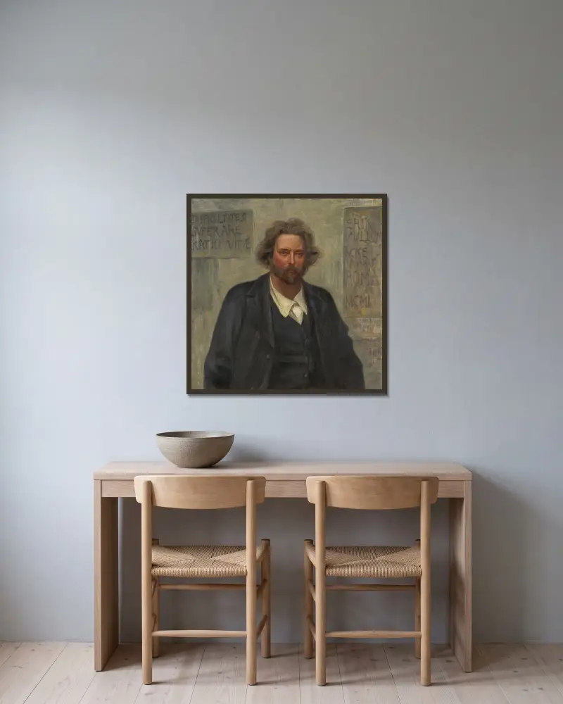 Porträtt av Erik Vullum av J.A.G. Acke inramad på en vägg