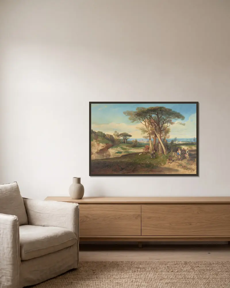 Eine Studie für Paysage (Don Quijote) von Alexandre-Gabriel Decamps gerahmt an einer Wand