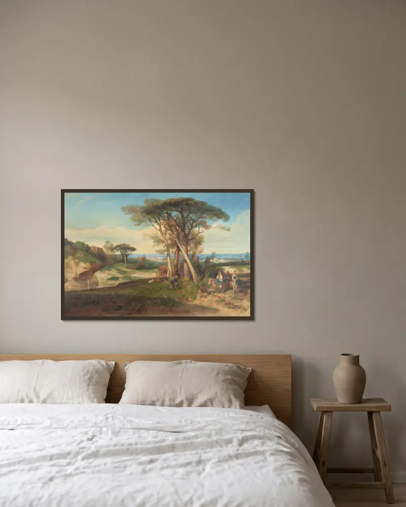 Eine Studie für Paysage (Don Quijote) von Alexandre-Gabriel Decamps gerahmt an einer Wand