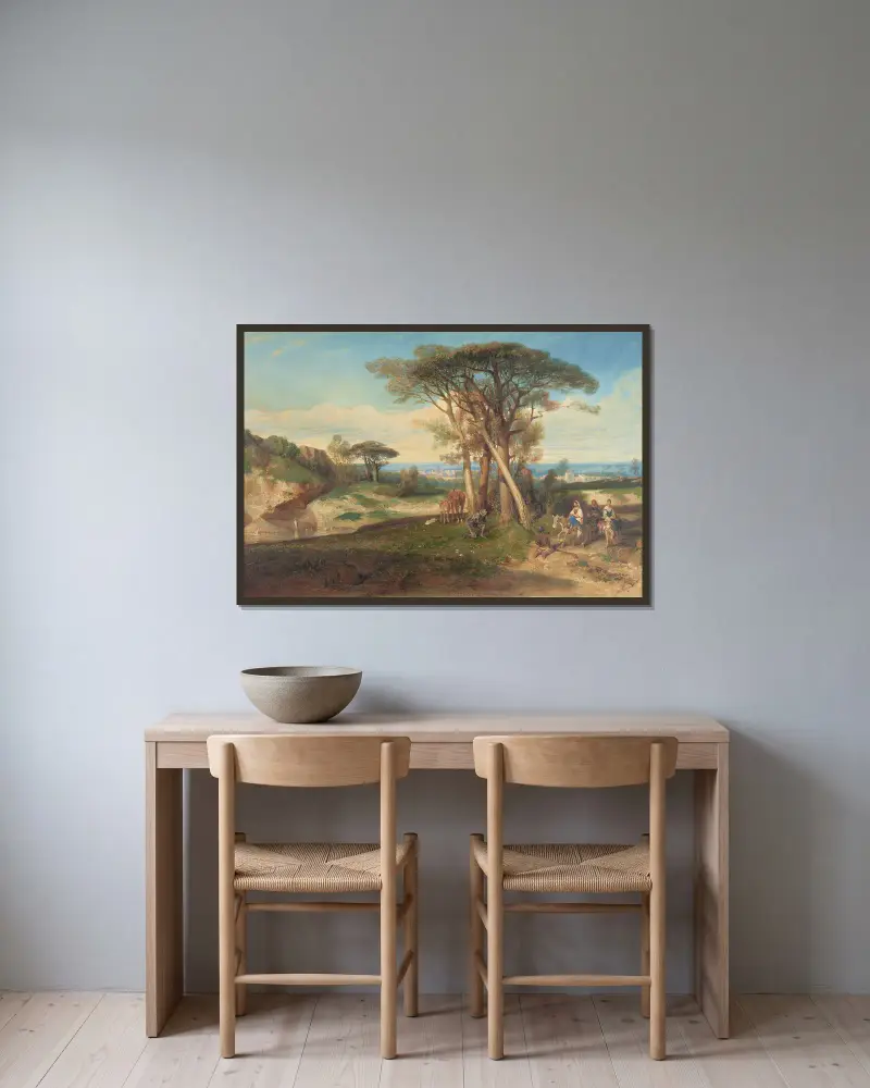 Eine Studie für Paysage (Don Quijote) von Alexandre-Gabriel Decamps gerahmt an einer Wand