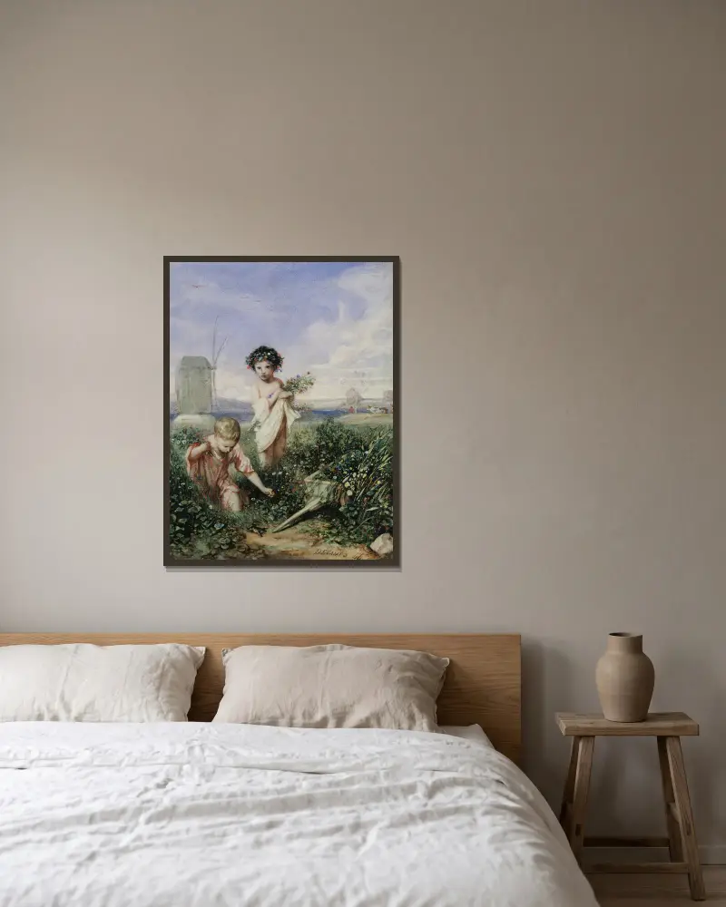 Kinder beim Blumenpflücken von Alexandre-Gabriel Decamps gerahmt an einer Wand