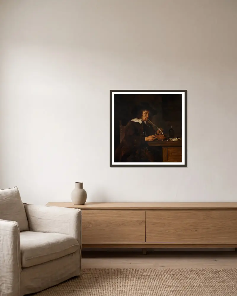 Kuřák zapalující si dýmku, Gabriel Metsu v rámu na stěně