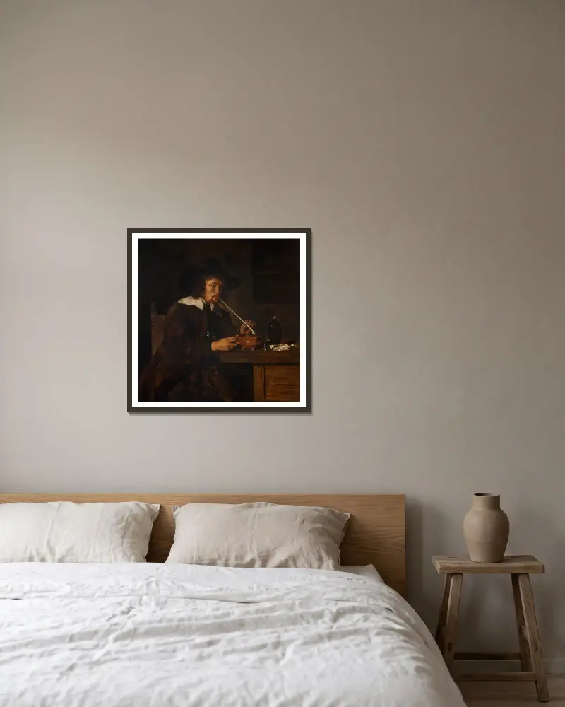 Kuřák zapalující si dýmku, Gabriel Metsu v rámu na stěně