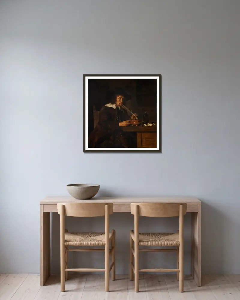 Kuřák zapalující si dýmku, Gabriel Metsu v rámu na stěně