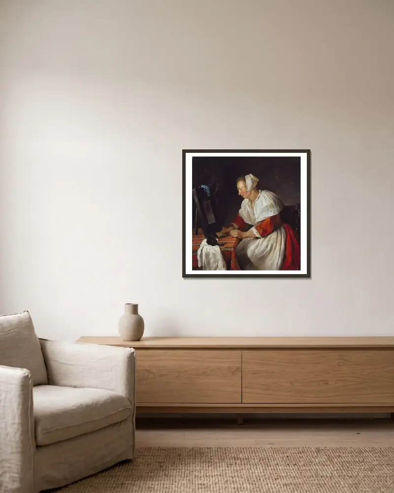 Kvinna vid sin spegel av Gabriel Metsu inramad på en vägg