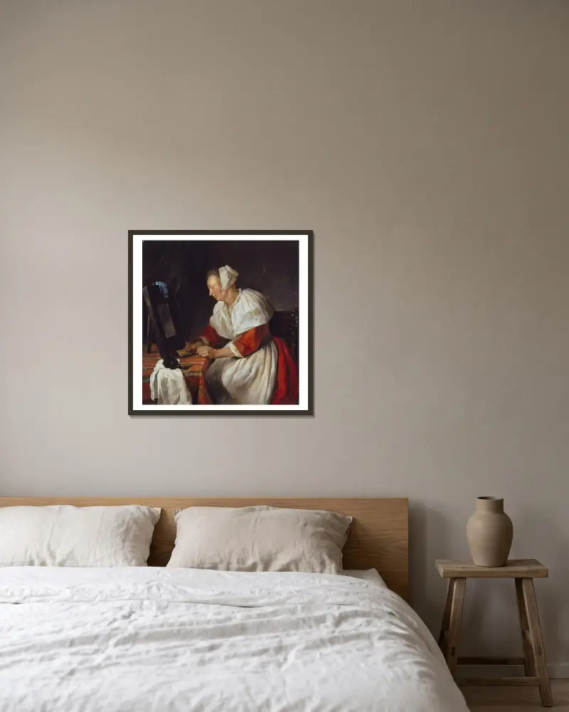 Kvinna vid sin spegel av Gabriel Metsu inramad på en vägg