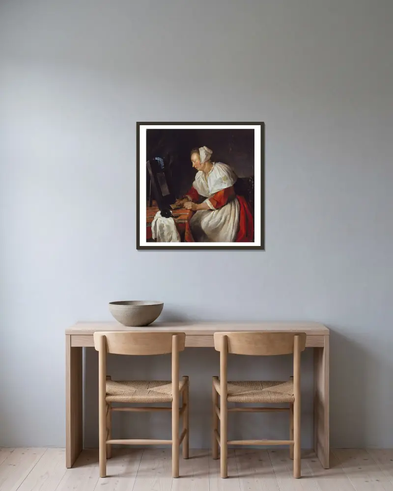 Kvinna vid sin spegel av Gabriel Metsu inramad på en vägg