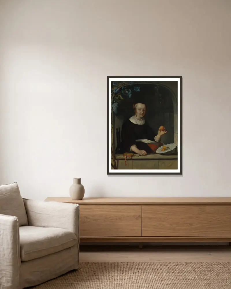 Frau an einem Fenster sitzend von Gabriel Metsu gerahmt an einer Wand