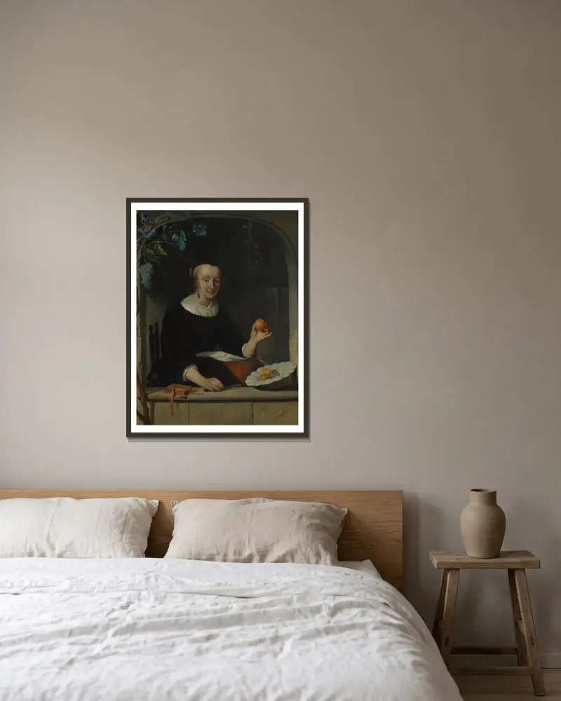 Frau an einem Fenster sitzend von Gabriel Metsu gerahmt an einer Wand