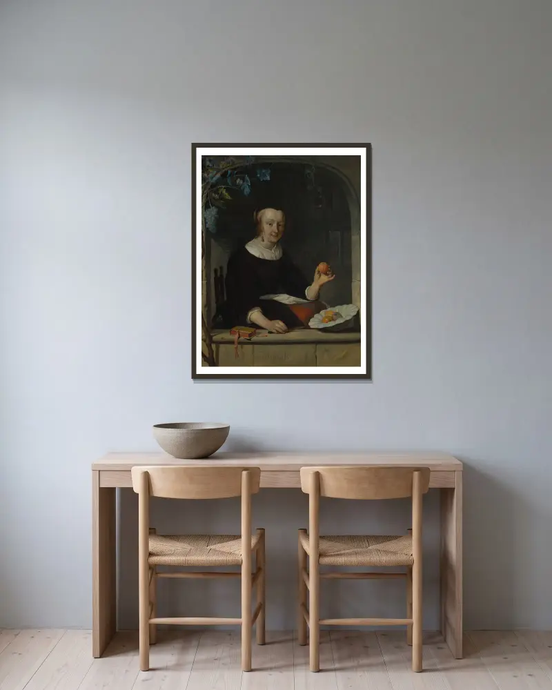 Frau an einem Fenster sitzend von Gabriel Metsu gerahmt an einer Wand
